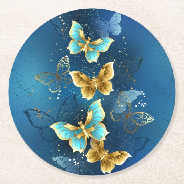 Golden butterflies round paper coaster (Front)