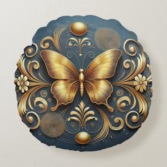 Golden Butterfly Design Round Cushion (Front)
