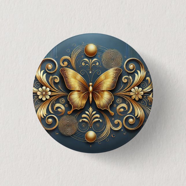 🦋 Golden Butterfly Elegant Luxury Floral Nature 3 Cm Round Badge (Front)
