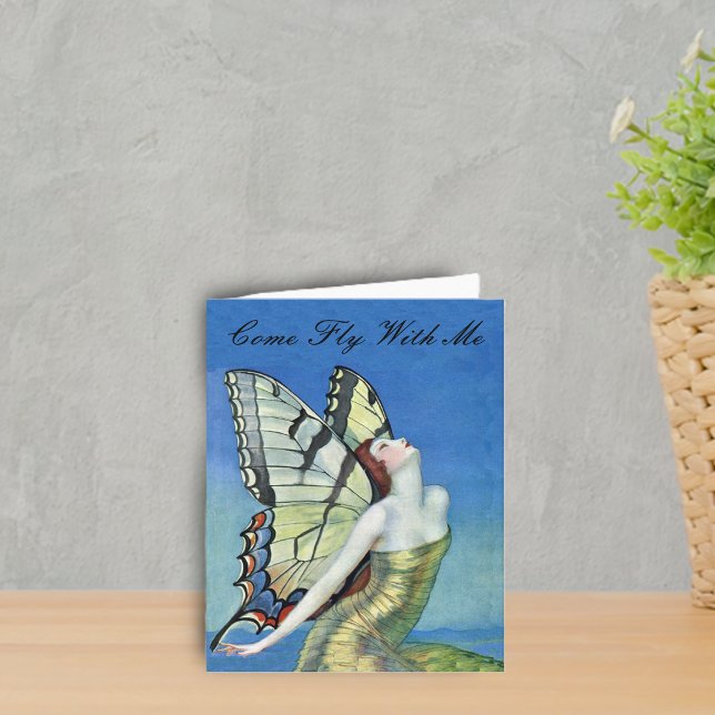 Golden Butterfly Fairy Note Card (Pretty red haired fairy gold dress monarch butterfly wings blue sky on notecard.)