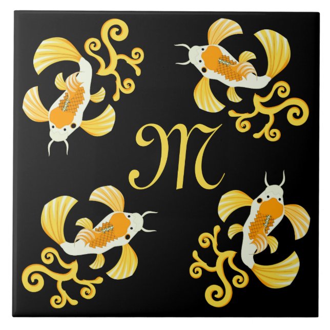Golden Butterfly Koi Monogram Ceramic Tile (Front)