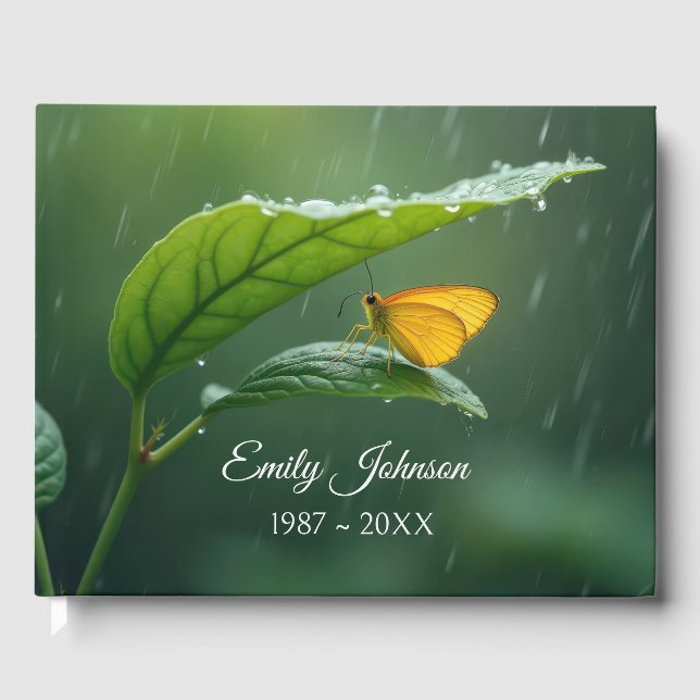 Golden Butterfly On a Leaf In the Rain Guest Book (Front)