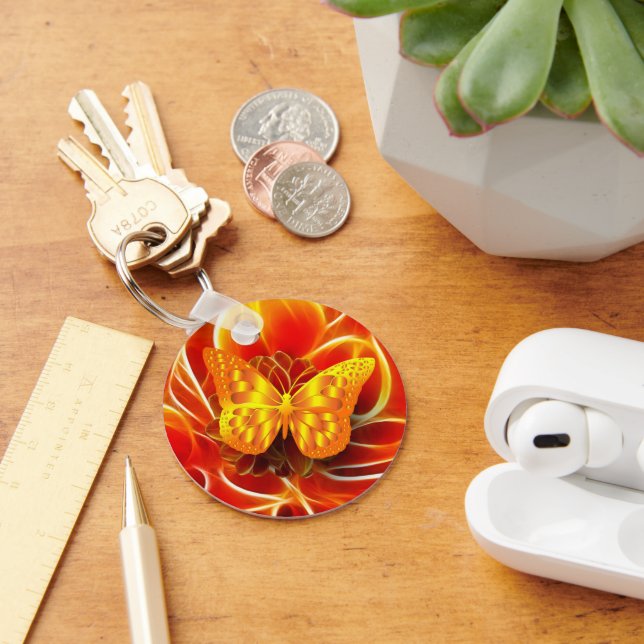 Golden Butterfly on Fiery Abstract Background Key Ring (Desk)