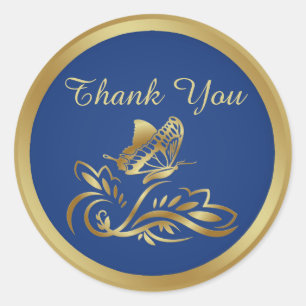 Golden butterfly on royal blue Thank You Sticker