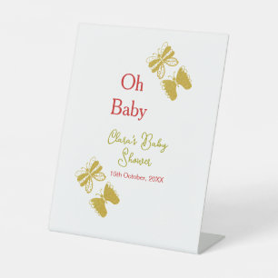 Golden butterfly red baby shower oh baby modern pedestal sign