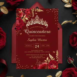 Golden Butterfly Red Floral Rose Quinceanera