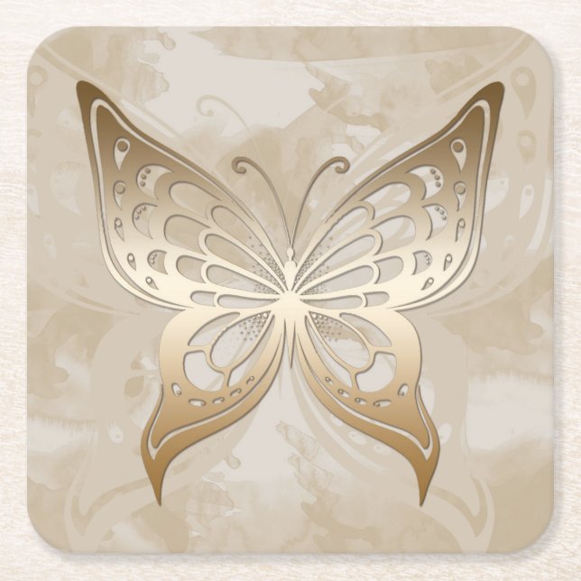 Golden Butterfly Square Paper Coaster (Front)