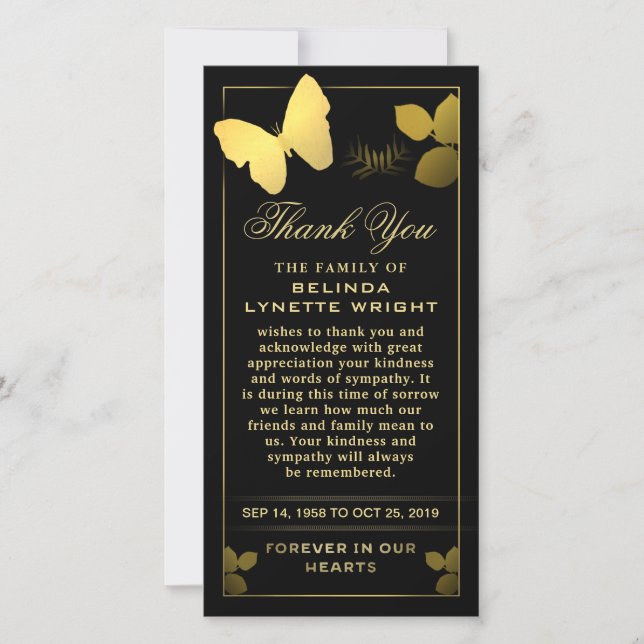 Golden Butterfly Thank You Sympathy Card (Front)
