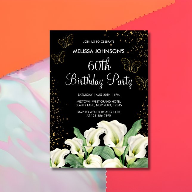 Golden Butterfly White Calla Lily Black Birthday Invitation (Creator Uploaded)