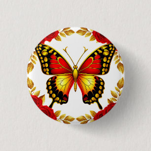 Golden Butterfly With Red Roses And Golden Leaves 3 Cm Round Badge