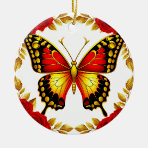 Golden Butterfly With Red Roses And Golden Leaves Ceramic Ornament