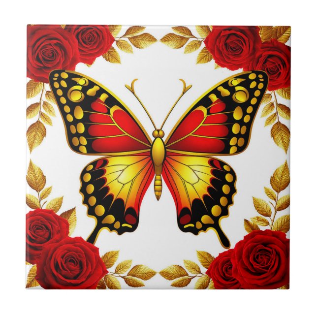 Golden Butterfly With Red Roses And Golden Leaves Ceramic Tile (Front)