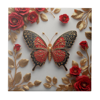 Golden Butterfly With Red Roses And Golden Leaves Ceramic Tile
