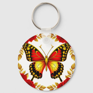 Golden Butterfly With Red Roses And Golden Leaves Key Ring