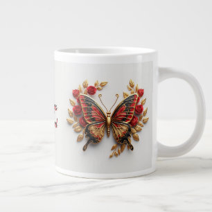 Golden Butterfly With Red Roses And Golden Leaves Large Coffee Mug
