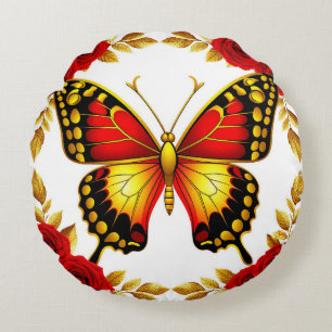 Golden Butterfly With Red Roses And Golden Leaves Round Cushion