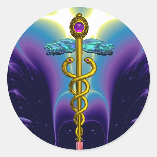 GOLDEN CADUCEUS Medical Symbol Vibrant Purple Blue Classic Round Sticker (Front)