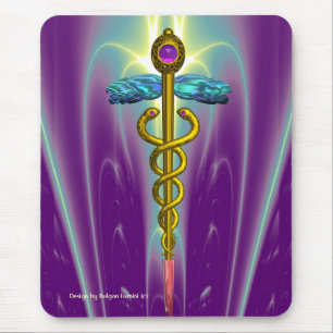 GOLDEN CADUCEUS Medical Symbol , Vibrant Purple Mouse Pad