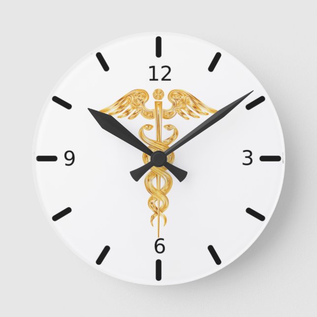 Golden Caduceus on White Round Clock (Front)
