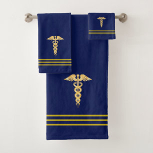 Golden Caduceus & Stripes on Navy Blue Bath Towel Set