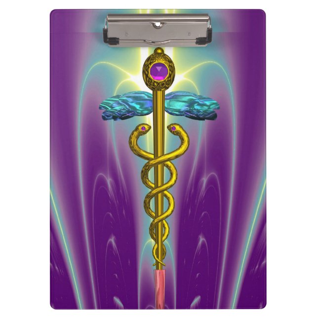 GOLDEN CADUCEUS SYMBOL MONOGRAM Purple Green Clipboard (Front)