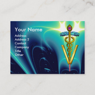 GOLDEN CADUCEUS VETERINARY SYMBOL / Aqua Blue Teal Business Card