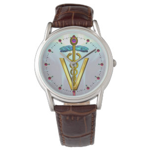 GOLDEN CADUCEUS VETERINARY SYMBOL / Aqua Blue Watch