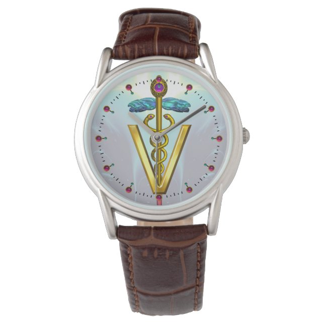 GOLDEN CADUCEUS VETERINARY SYMBOL / Aqua Blue Watch (Front)