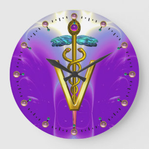 GOLDEN CADUCEUS VETERINARY SYMBOL / Blue Purple Large Clock