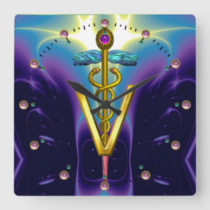 GOLDEN CADUCEUS VETERINARY SYMBOL /  Blue Purple Square Wall Clock