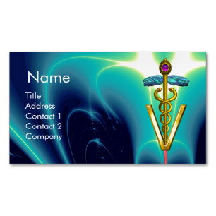 GOLDEN CADUCEUS VETERINARY SYMBOL / Blue Turquoise Magnetic Business Card