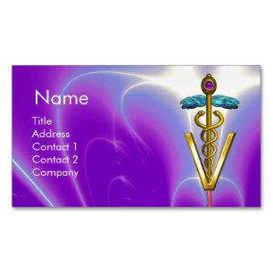 GOLDEN CADUCEUS VETERINARY SYMBOL / Fuchsia Purple Magnetic Business Card