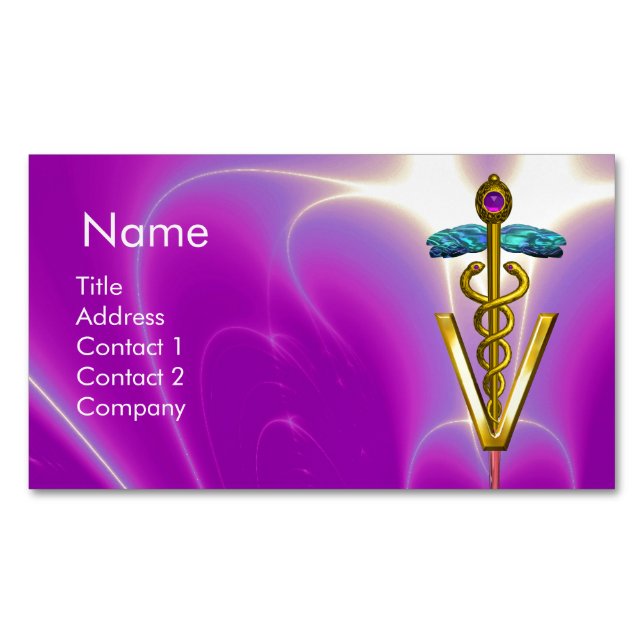 GOLDEN CADUCEUS VETERINARY SYMBOL / Fuchsia Purple Magnetic Business Card (Front)