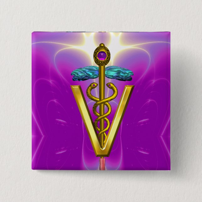 GOLDEN CADUCEUS VETERINARY SYMBOL / Pink Fuchsia 15 Cm Square Badge (Front)
