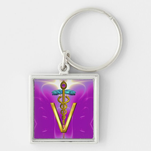 GOLDEN CADUCEUS VETERINARY SYMBOL Pink Fuchsia Key Ring (Front)
