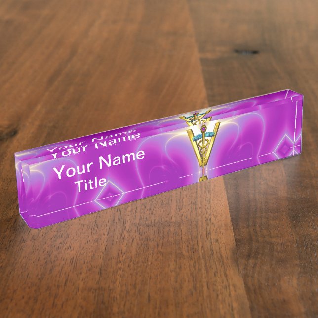 GOLDEN CADUCEUS VETERINARY SYMBOL Pink Fuchsia Nameplate (Side)