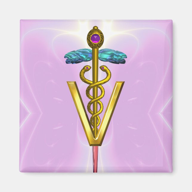 GOLDEN CADUCEUS VETERINARY SYMBOL Pink Magnet (Front)