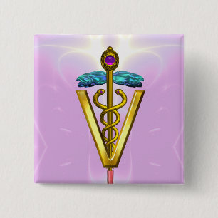 GOLDEN CADUCEUS VETERINARY SYMBOL / Pink White 15 Cm Square Badge