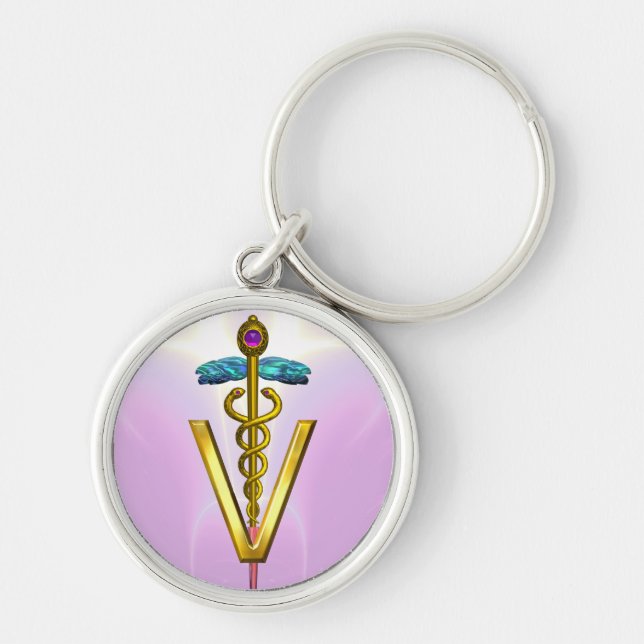 GOLDEN CADUCEUS VETERINARY SYMBOL Pink White Key Ring (Front)