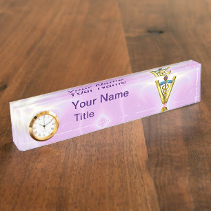 GOLDEN CADUCEUS VETERINARY SYMBOL /Pink White Nameplate