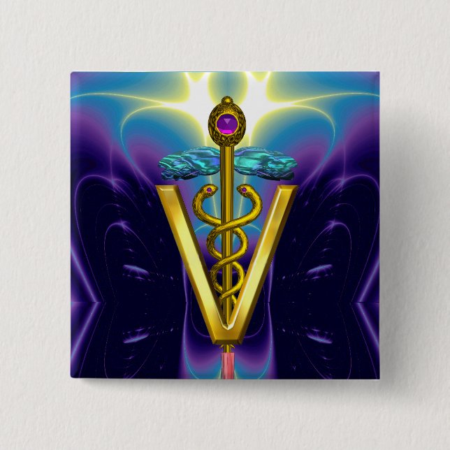 GOLDEN CADUCEUS VETERINARY SYMBOL / Purple Blue 15 Cm Square Badge (Front)