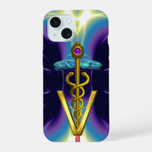 GOLDEN CADUCEUS VETERINARY SYMBOL / Purple Blue iPhone 15 Case