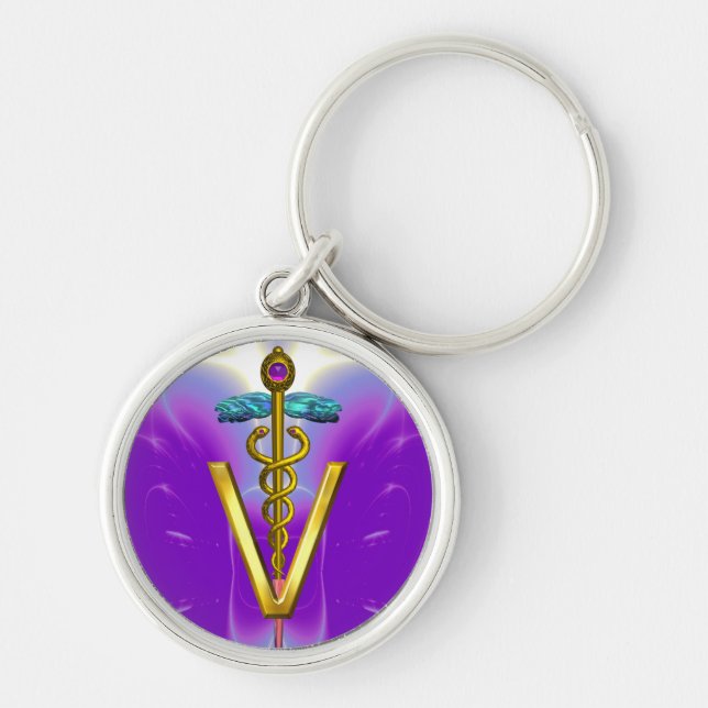 GOLDEN CADUCEUS VETERINARY SYMBOL Purple Blue Key Ring (Front)