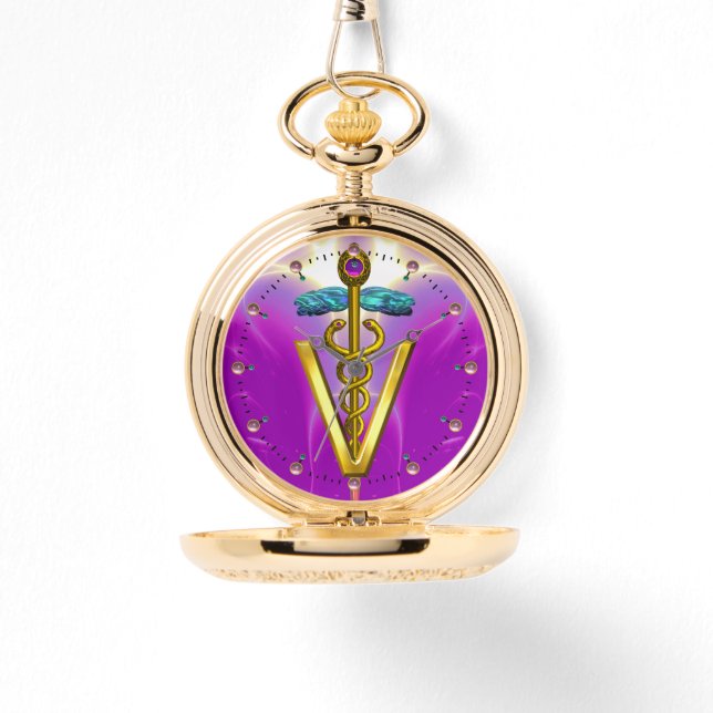 GOLDEN CADUCEUS VETERINARY SYMBOL / Purple Fuchsia Watch (Front)