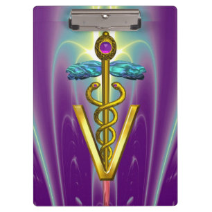 GOLDEN CADUCEUS VETERINARY SYMBOL / Purple Green Clipboard