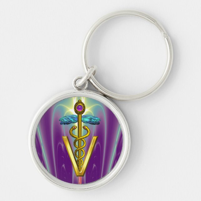 GOLDEN CADUCEUS VETERINARY SYMBOL Purple Green Key Ring (Front)