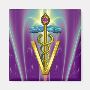 GOLDEN CADUCEUS VETERINARY SYMBOL / Purple Green Magnet