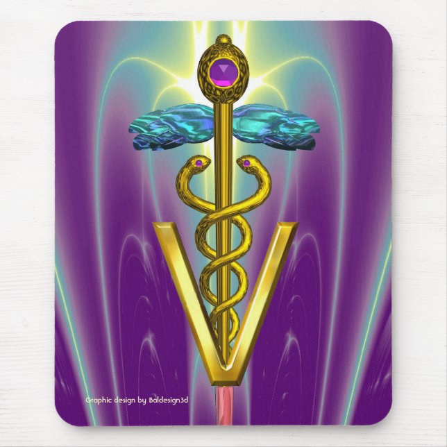 GOLDEN CADUCEUS VETERINARY SYMBOL /  Purple Green Mouse Pad (Front)