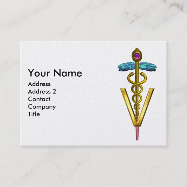 GOLDEN CADUCEUS VETERINARY SYMBOL Purple Pearl Business Card (Front)