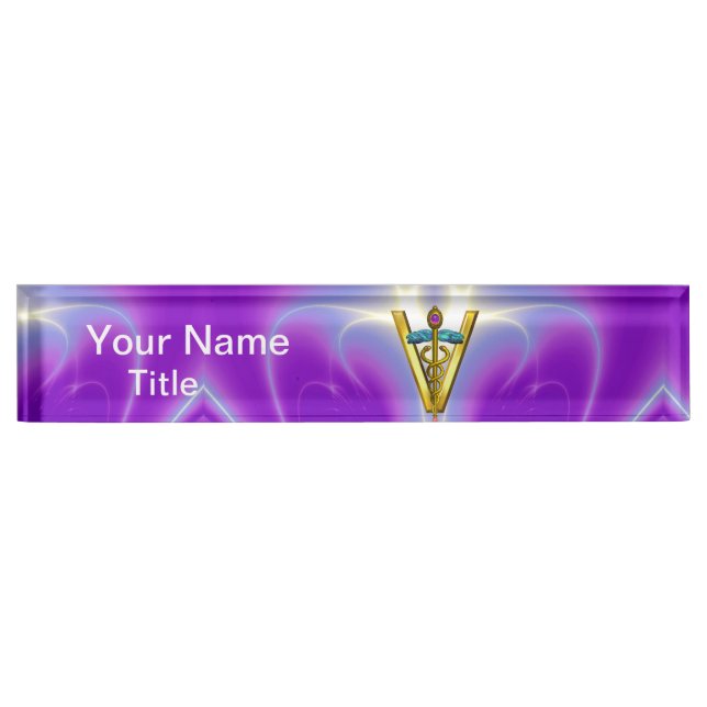 GOLDEN CADUCEUS VETERINARY SYMBOL Purple Teal Blue Nameplate (Front)